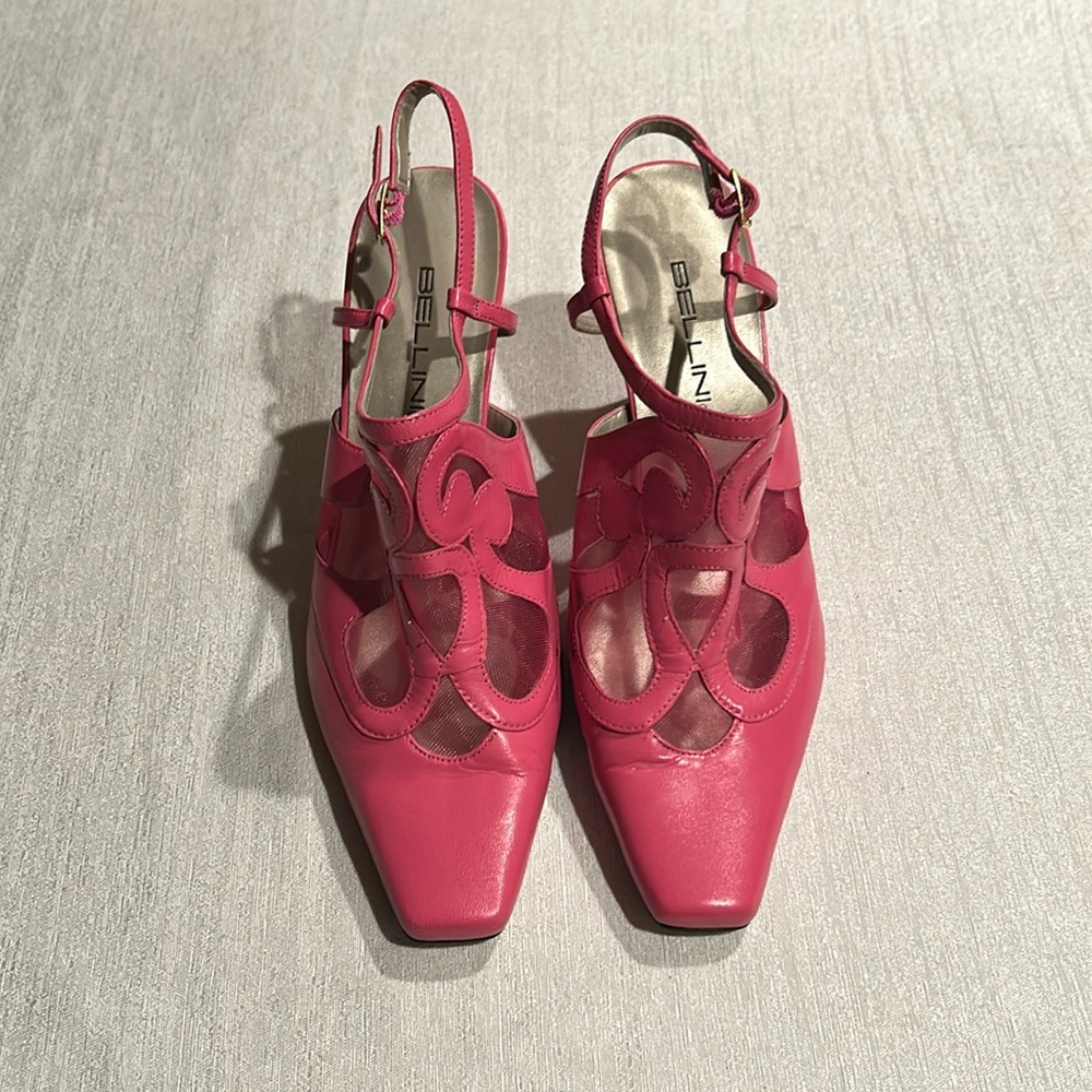 Bellini Pink Pointed Square Toed Mesh Heels